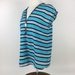 MICHAEL KORS Blue Black Striped V-Neck Top Size: S